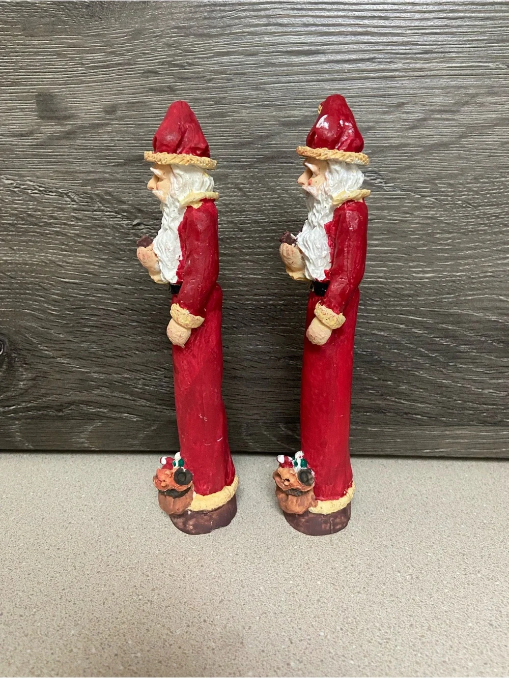 Vintage Santa Claus Figurine Set of 2 Skinny Pencil Tall Red Standing Pair